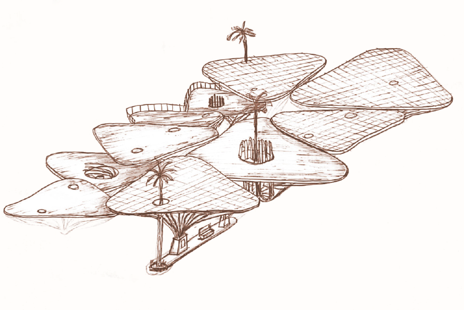 Hand-drawn study of overlapping leaf-like canopies and branching columns.