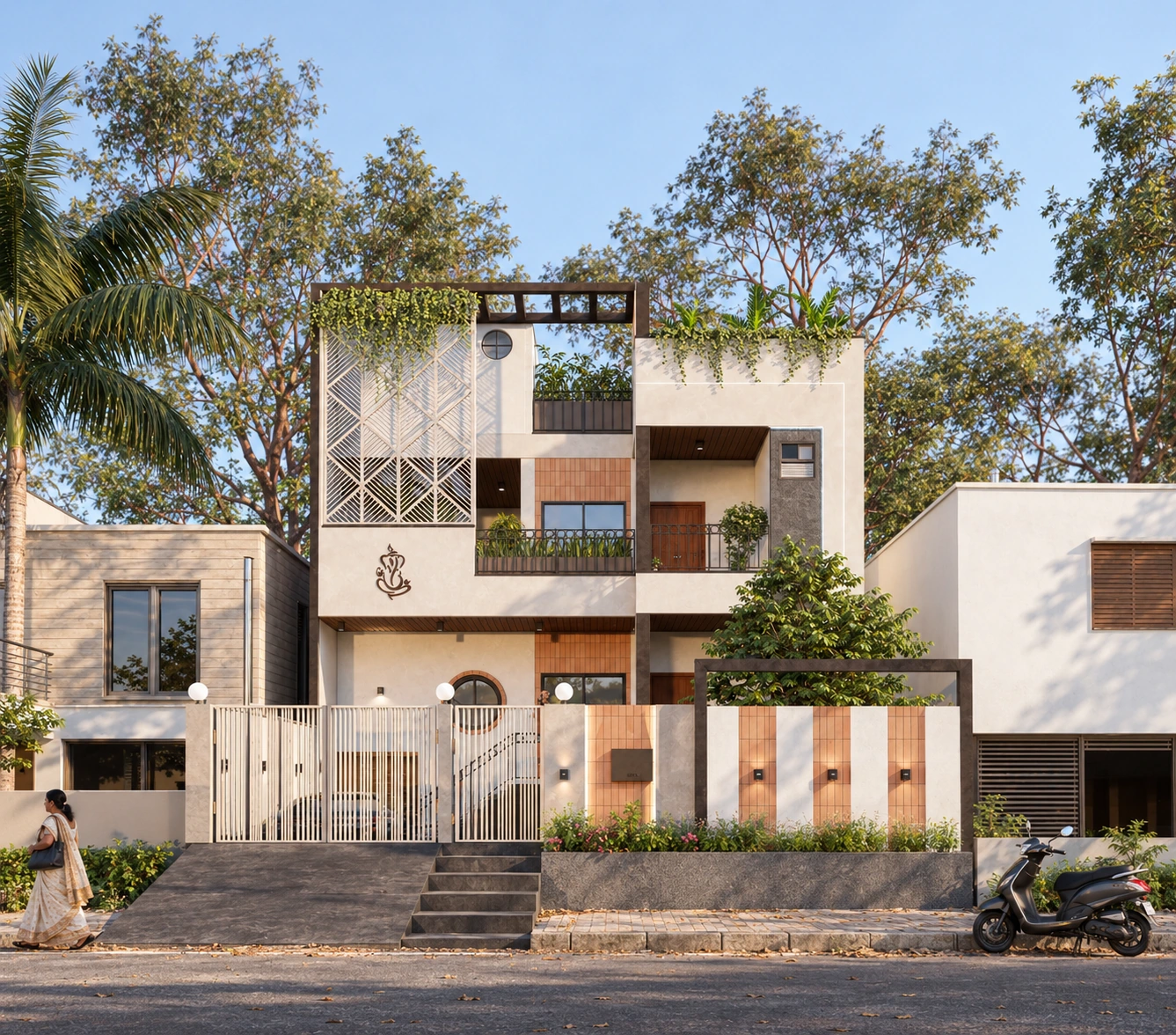House 01: the full street-facing facade with a diagonal screen, balconies and a raised entrance.