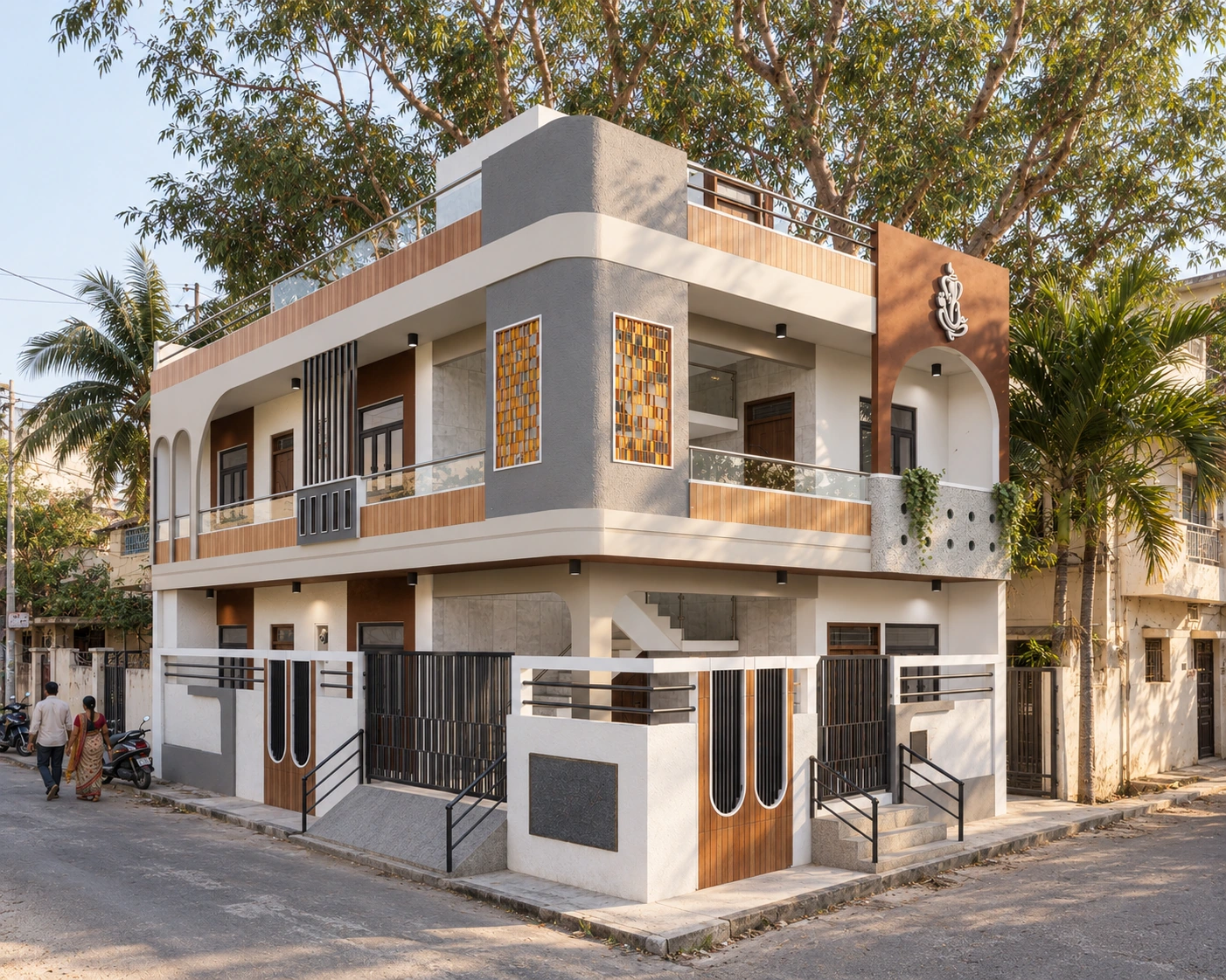 House 02: a corner residence with curved fascia bands, shaded balconies and separate entrances.