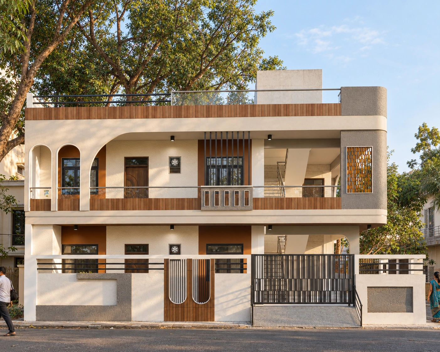House 02: a complementary street elevation with the balcony, vertical fins, entry and vehicle gate.