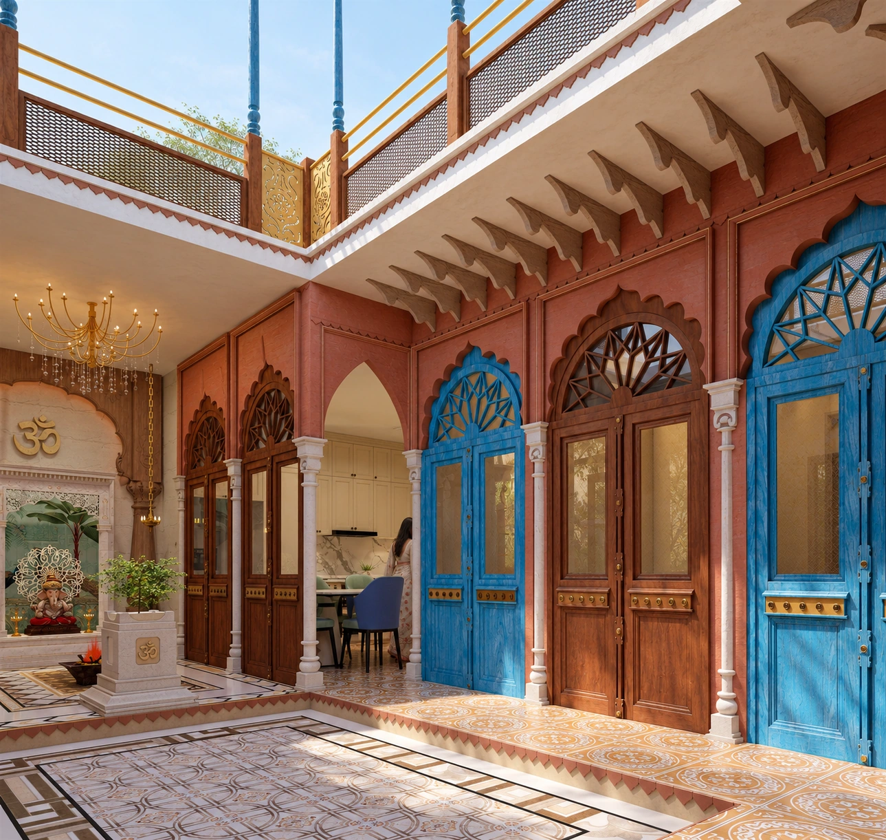 House 03: a courtyard interior with carved timber doors, blue joinery, pale columns and light from above.