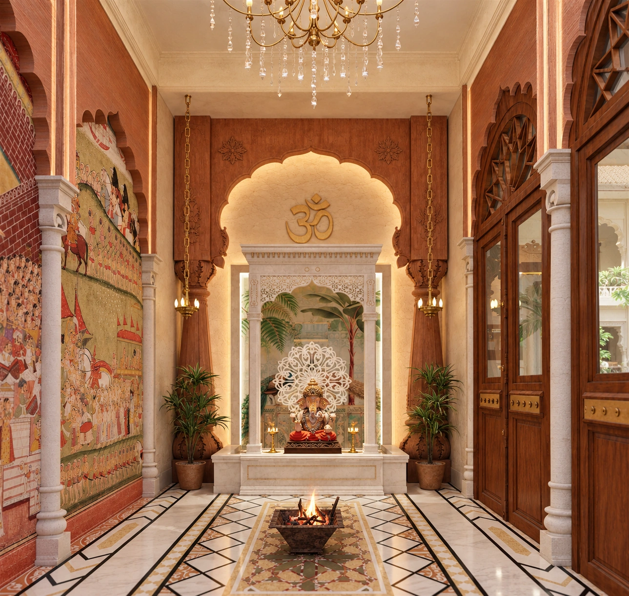 House 03: the pooja space with a carved shrine, painted mural, timber joinery and stone floor.