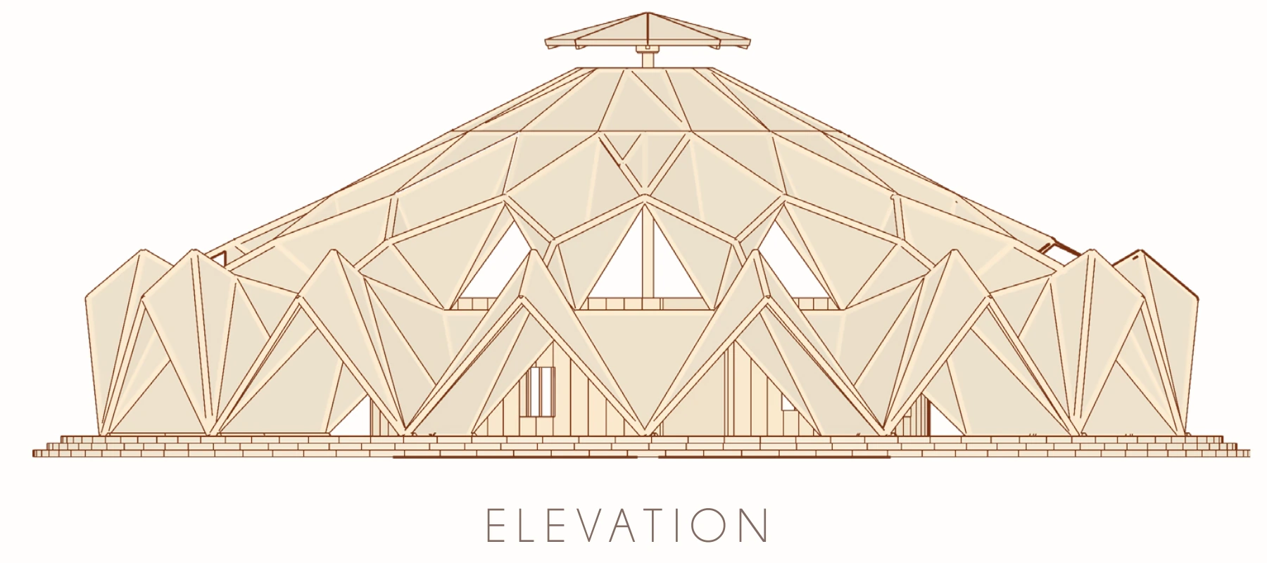 Original elevation showing the faceted roof and triangular structural bays.