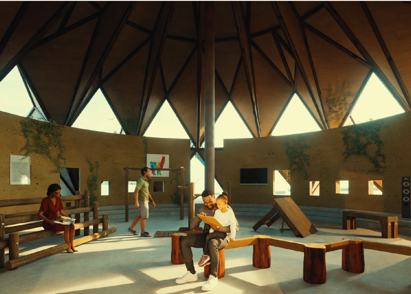 Interior render showing the exposed folded roof structure above the shared hall.