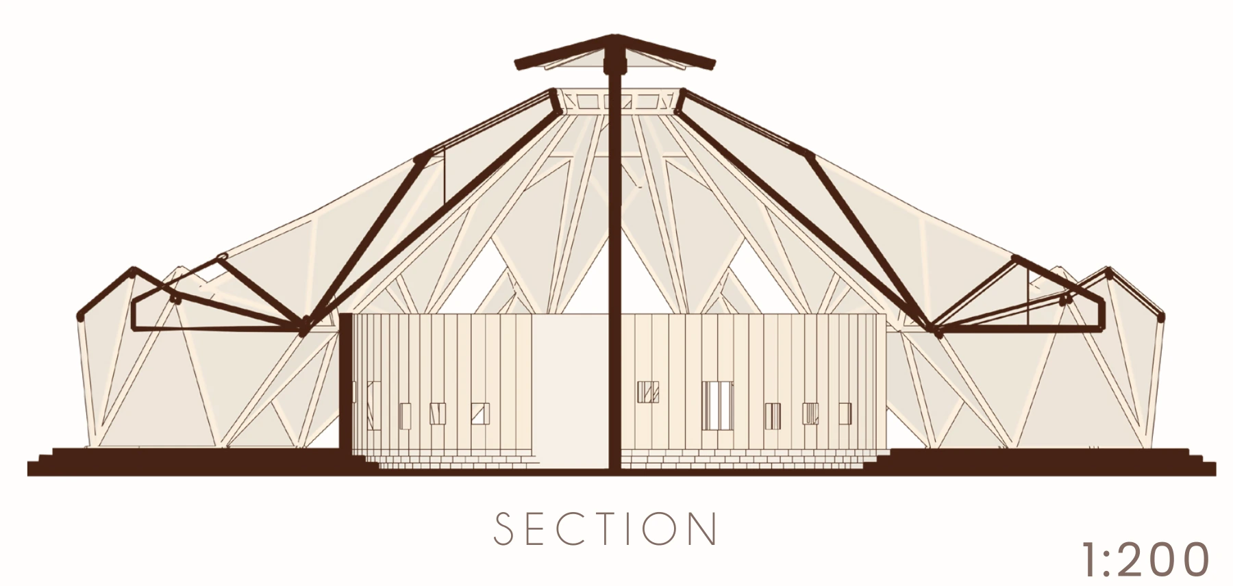 Original section through the central roof opening, supporting structure and hall.