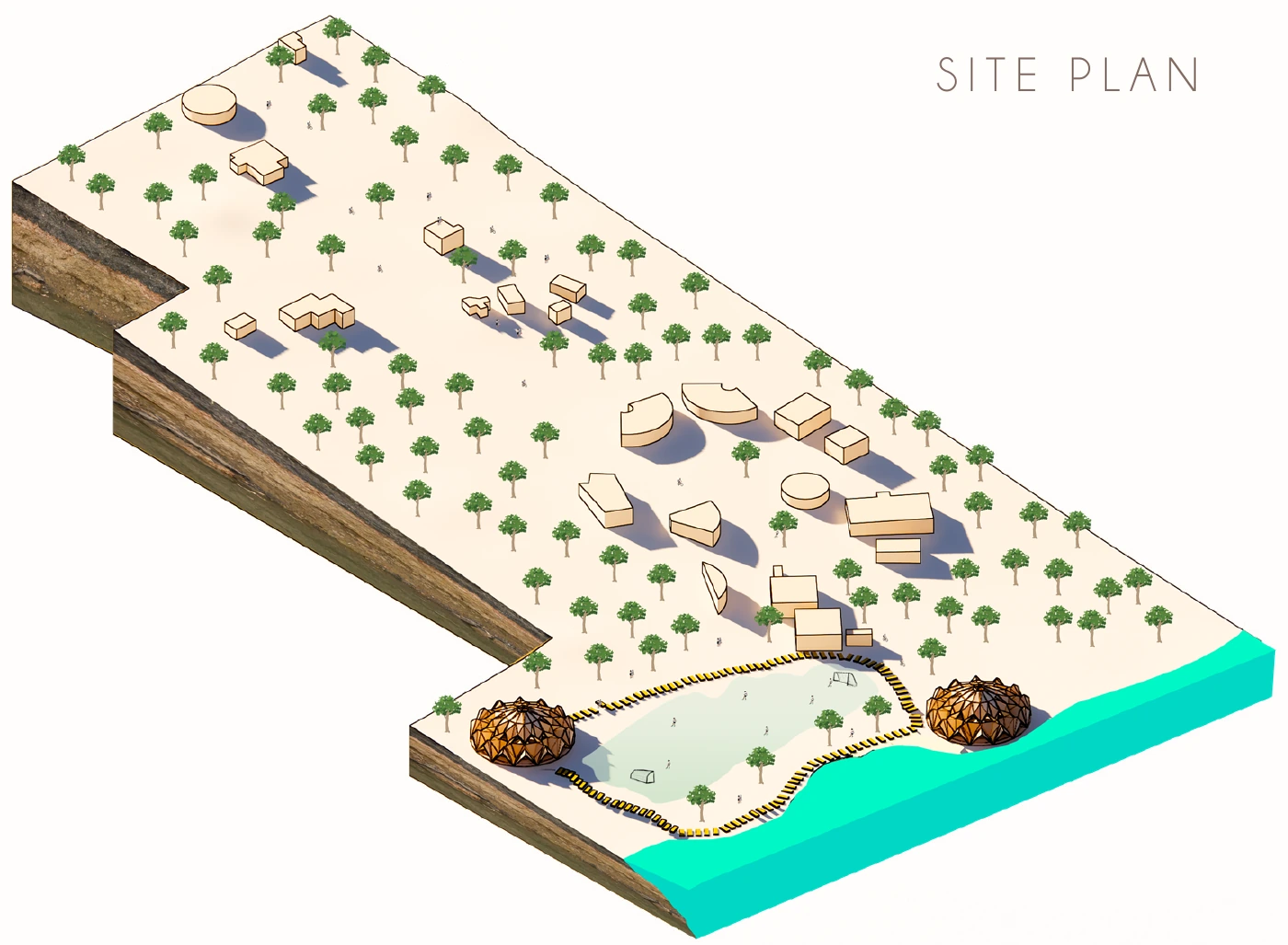 Site axonometric showing two hall modules arranged around the football ground among existing buildings and trees.