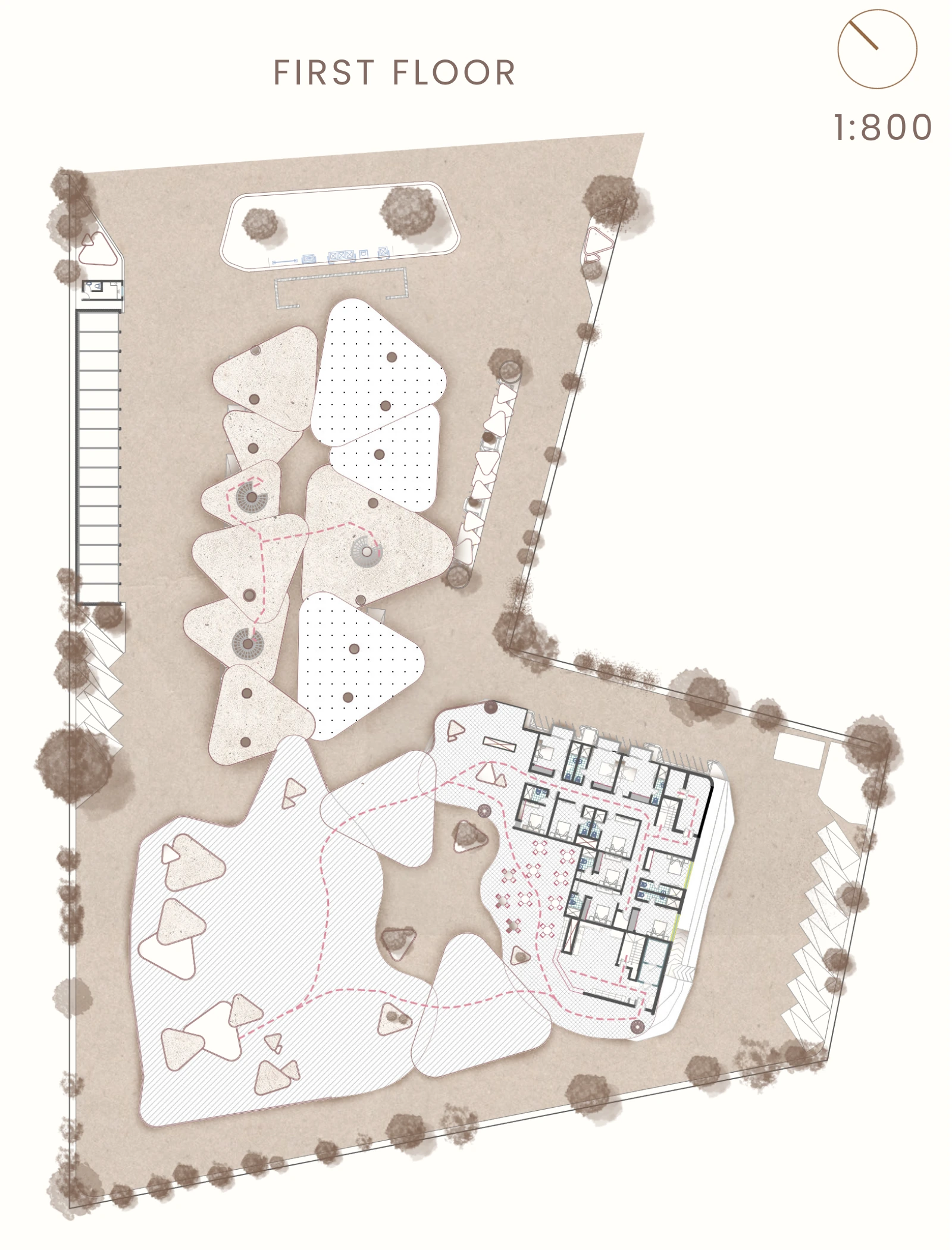 Highway Retreat first floor plan showing the motel rooms, circulation and roof terraces.