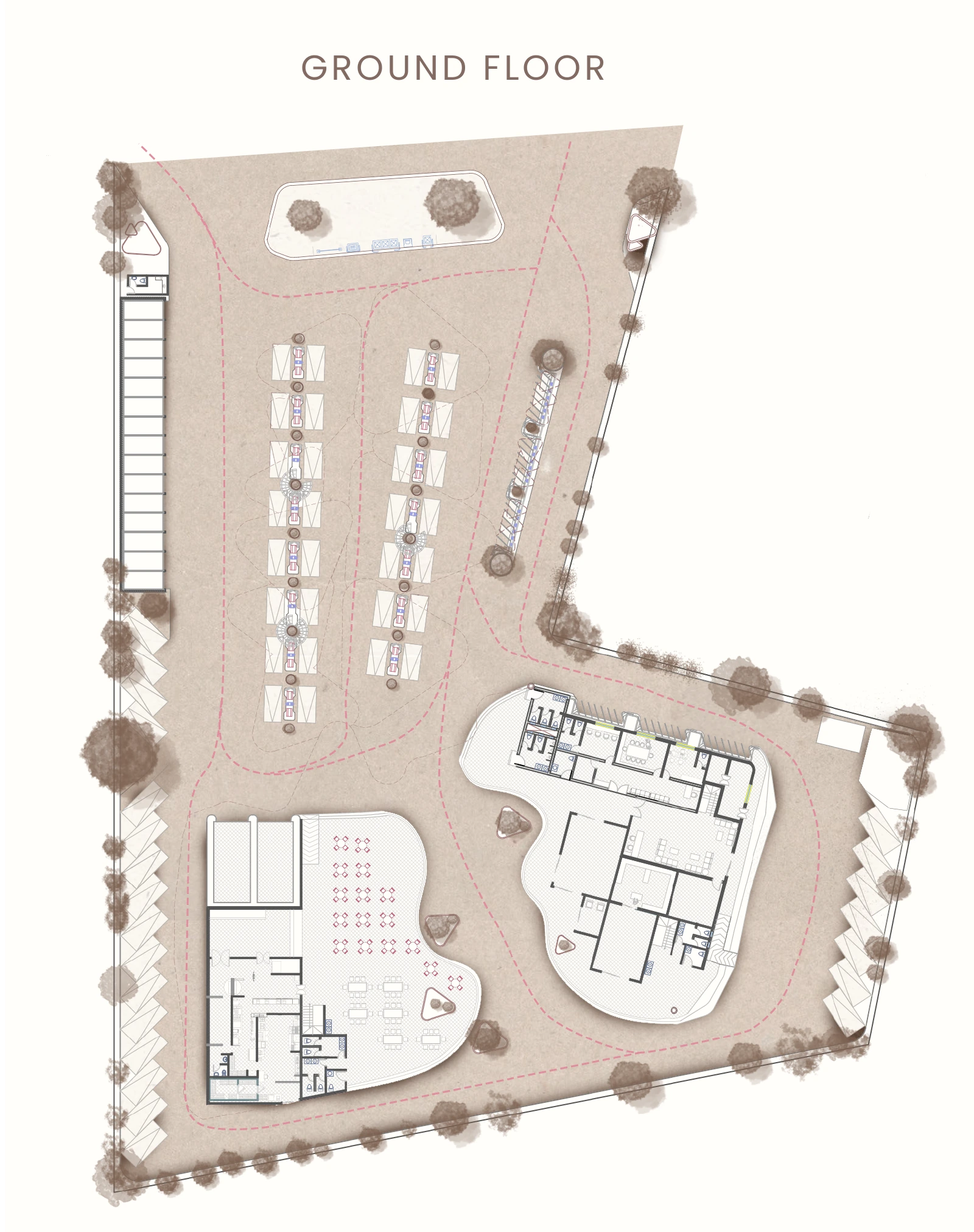 Highway Retreat ground floor plan with charging bays, vehicle access, restaurant and supporting spaces.