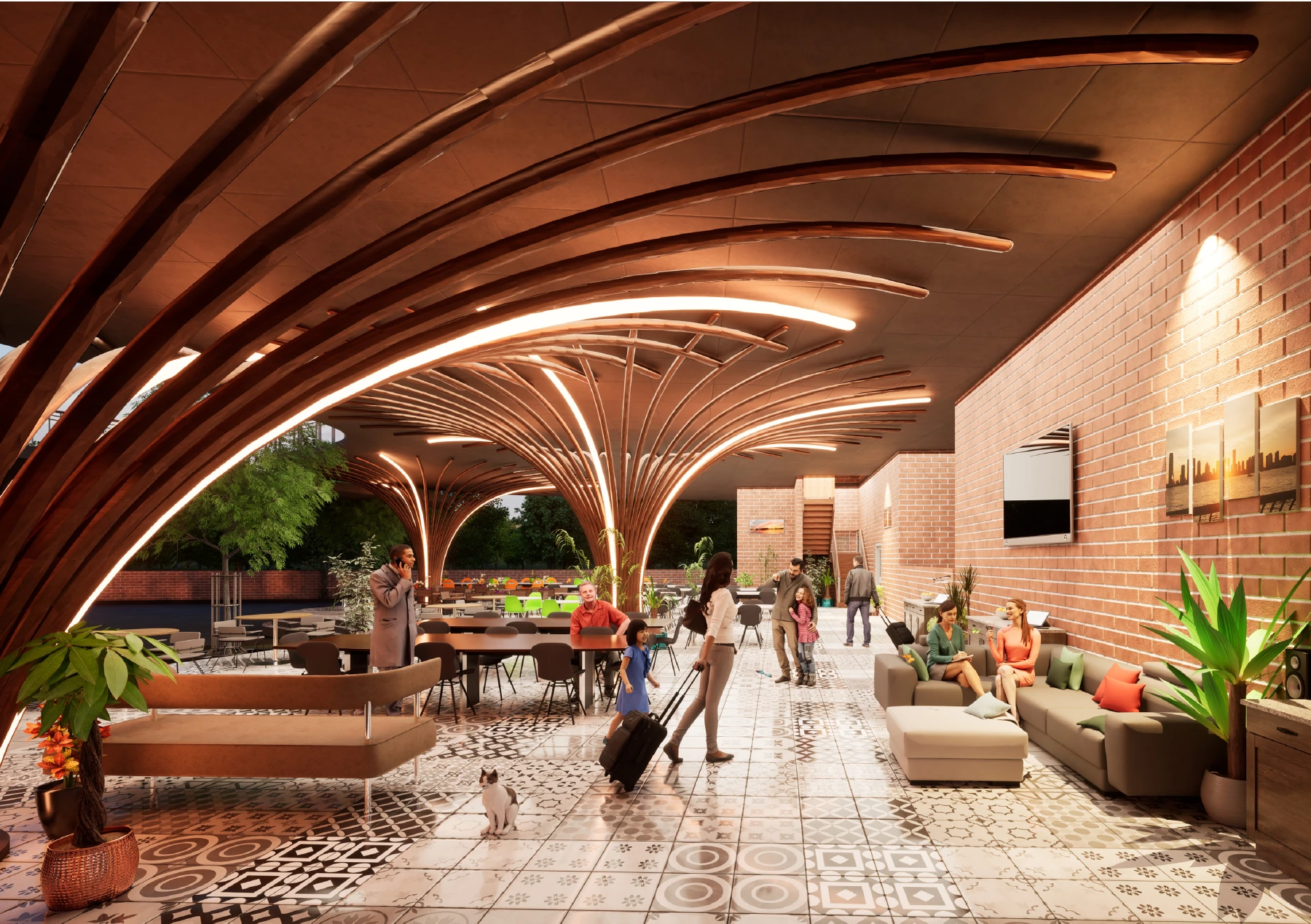 Rendered view of the restaurant interior beneath the curved roof.