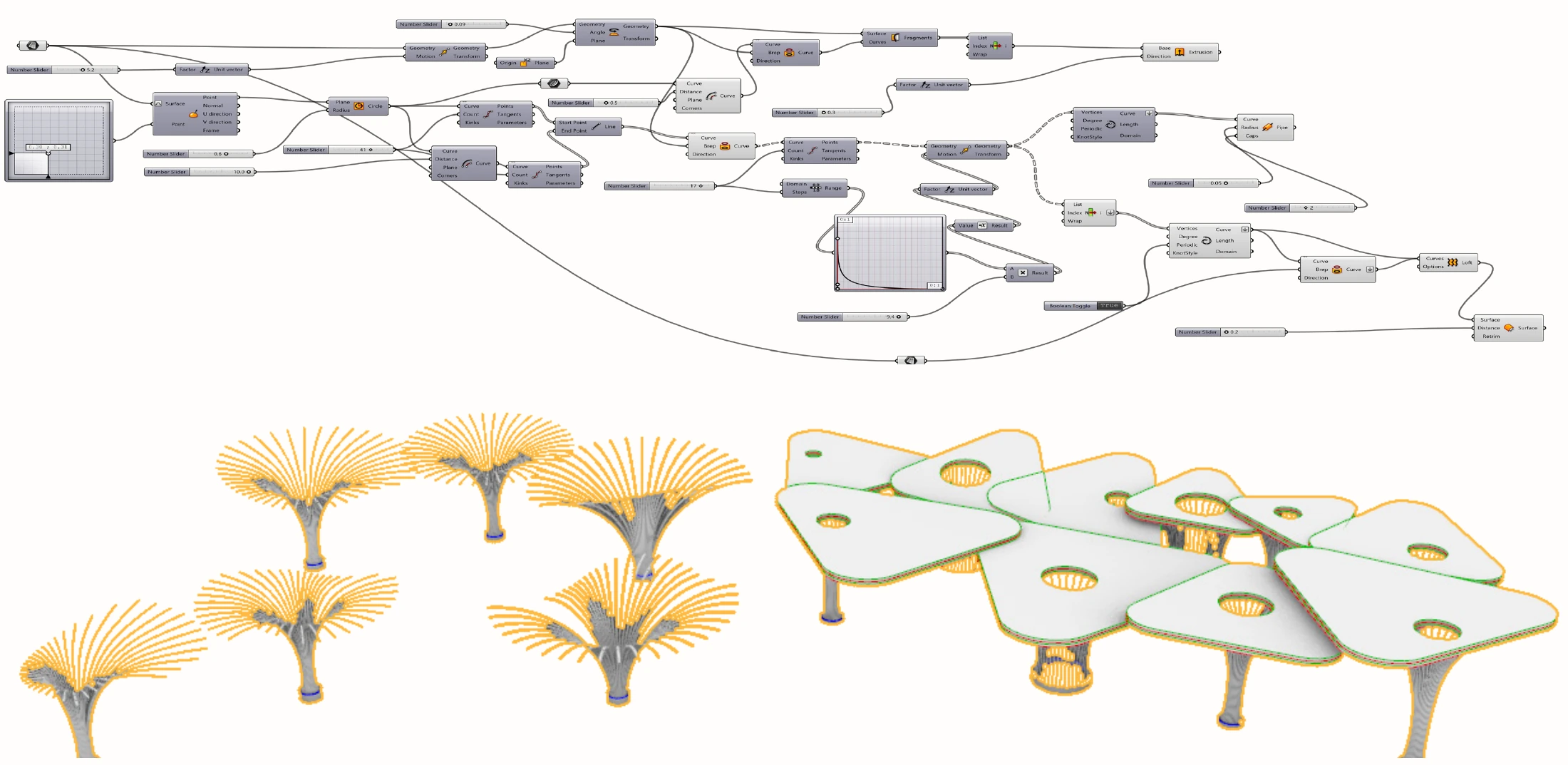 Original Grasshopper definition above the branching column and canopy geometry studies.