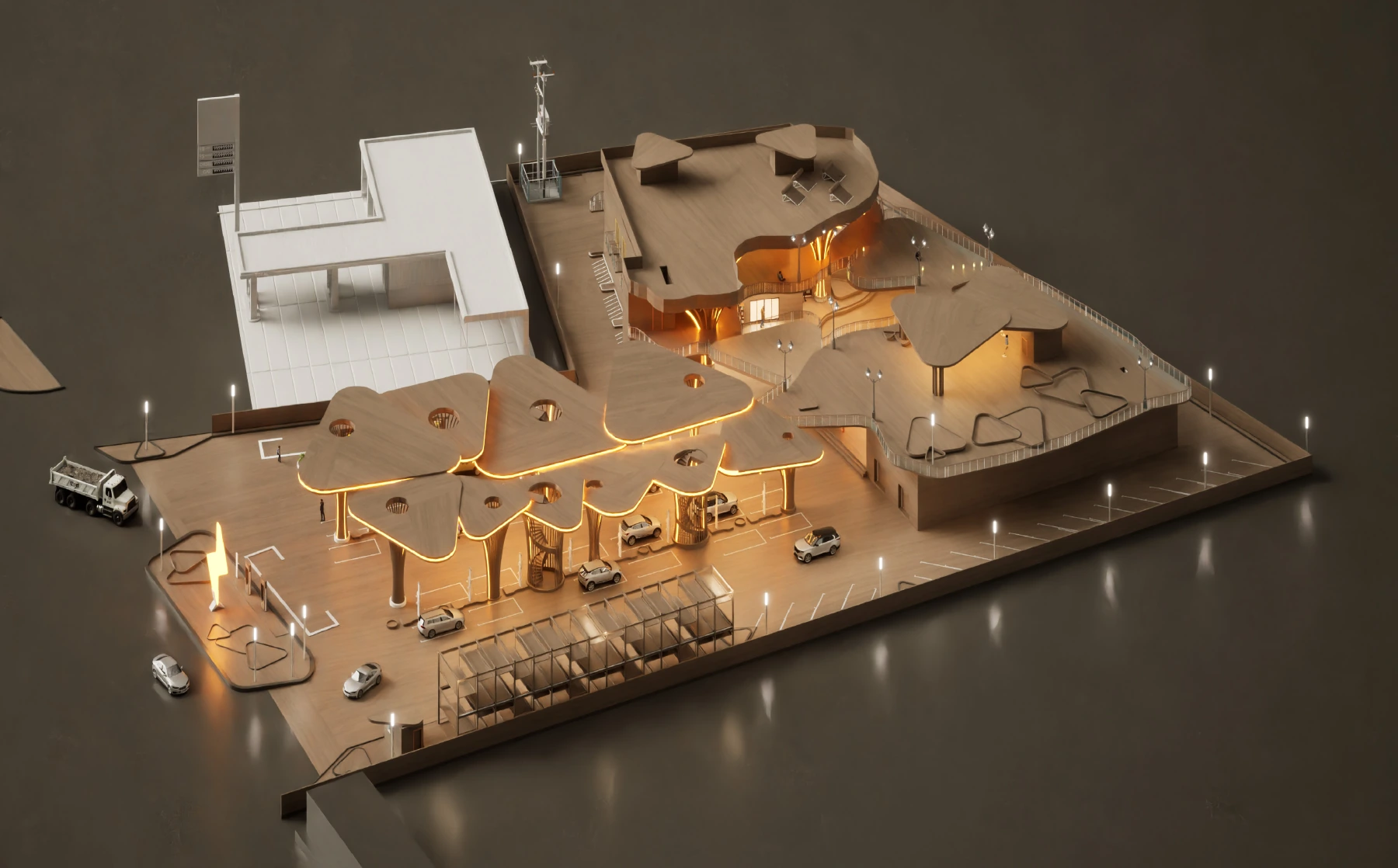 Night-time axonometric render showing the canopy series, charging bays, restaurant and motel.