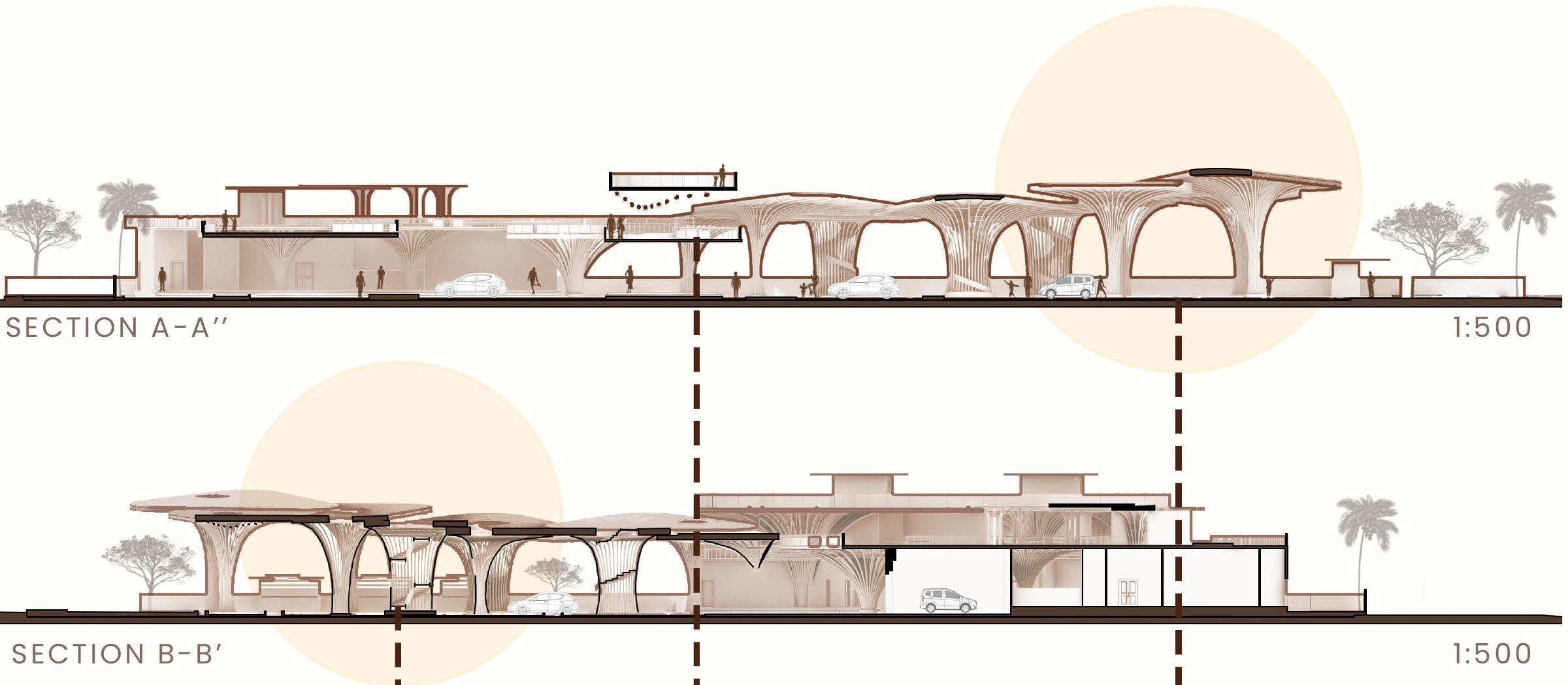 Two architectural sections through the canopies, charging bays, restaurant and motel.