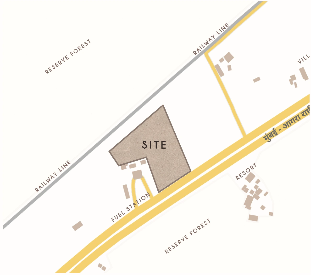 Original location drawing showing the site between the highway, railway line and reserve forest.