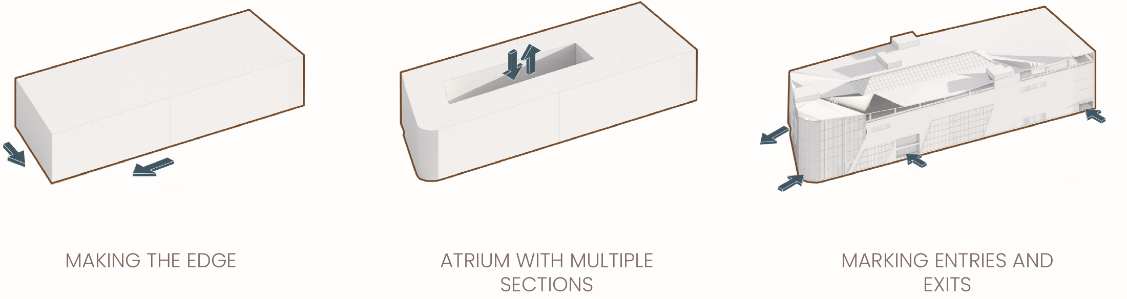 Three massing studies showing the corner block, the central atrium and the entrance locations.
