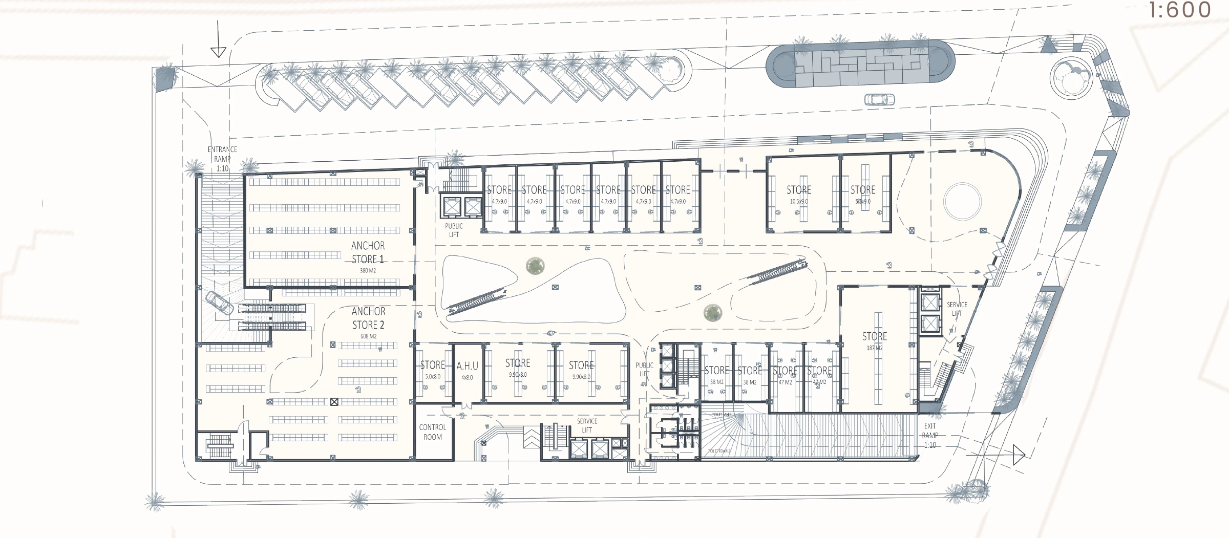 Ground floor plan of Kingdom Mall with entrances, anchor stores, smaller shops, central atrium and site access.