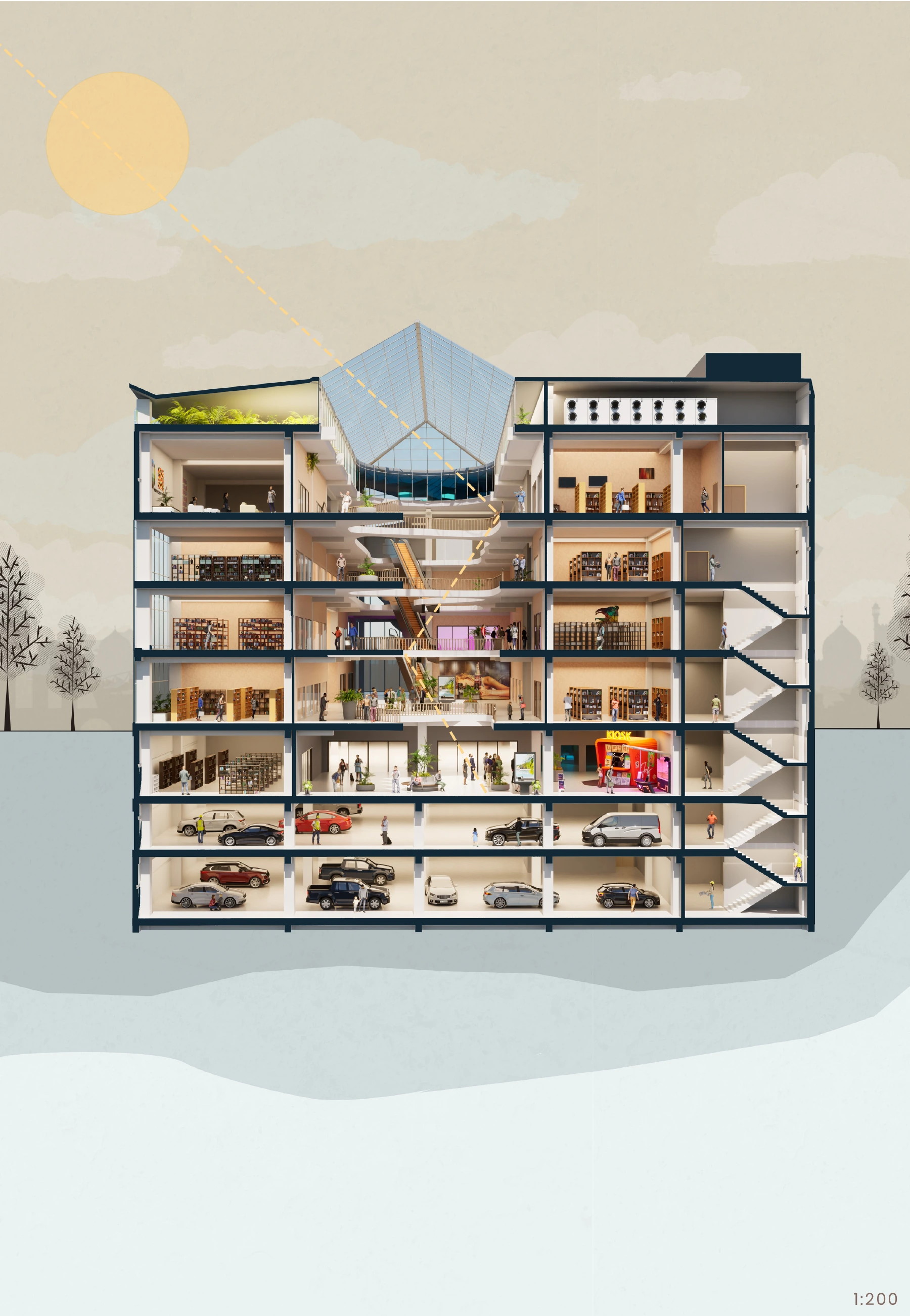 Rendered section showing the glazed atrium roof, retail floors, circulation and basement parking.