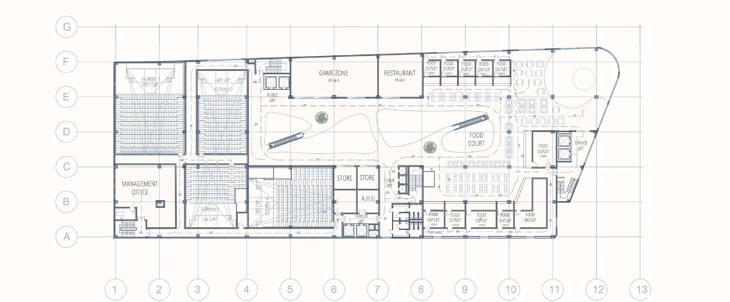 Third-floor plan showing the food court, cinema spaces and circulation around the atrium.