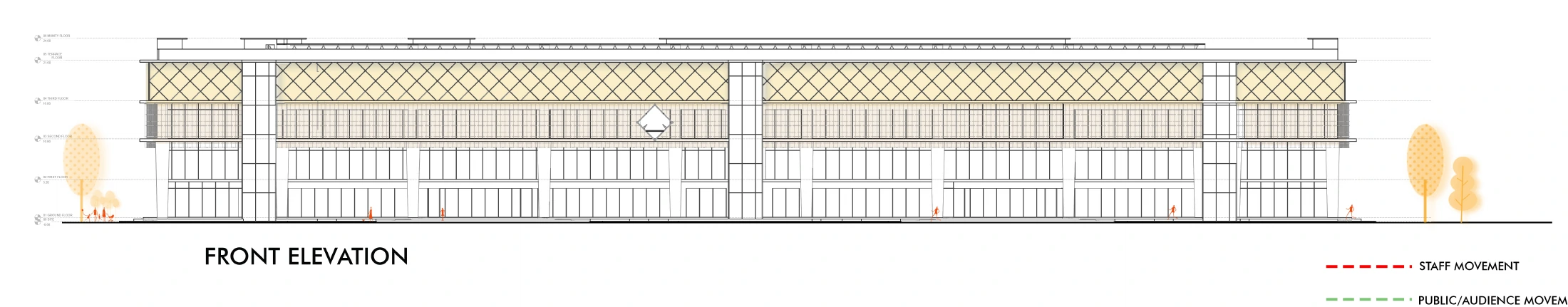 Front elevation of the convention hall with its glazed facade and upper lattice screen.
