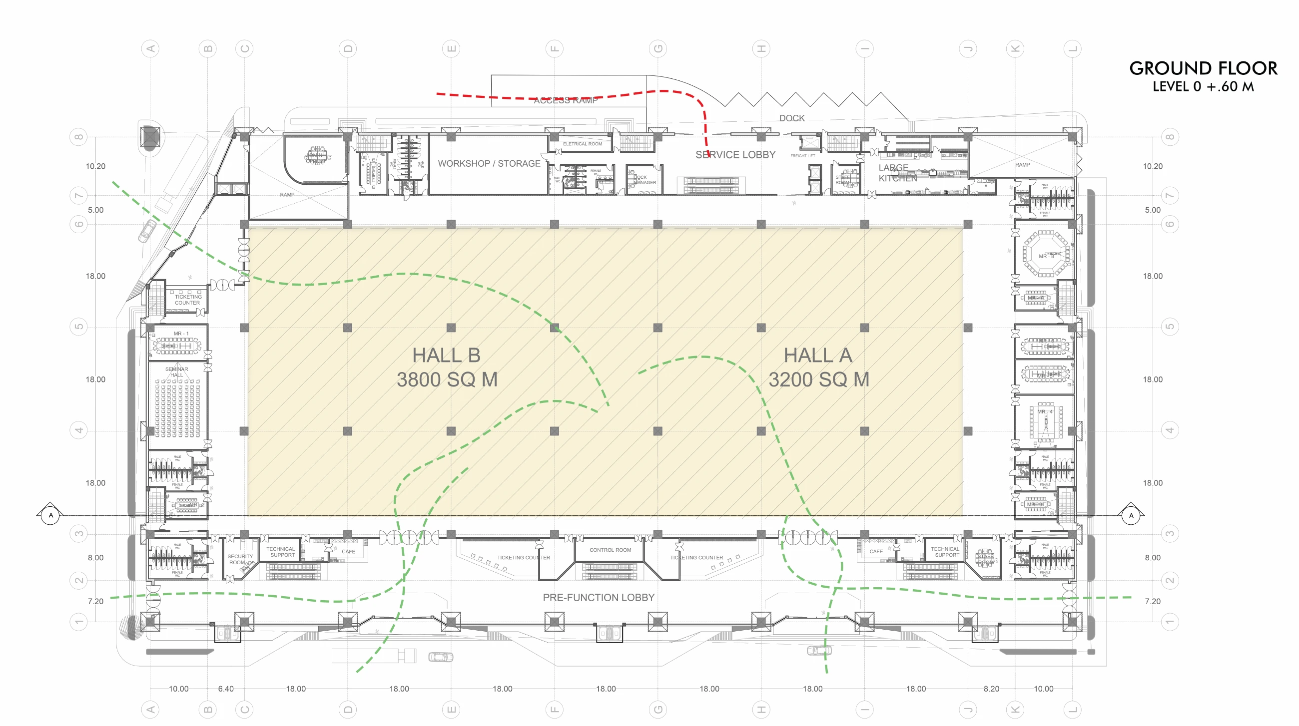 Ground floor plan showing Hall A, Hall B, the pre-function lobby, service lobby and separate public and staff movement.