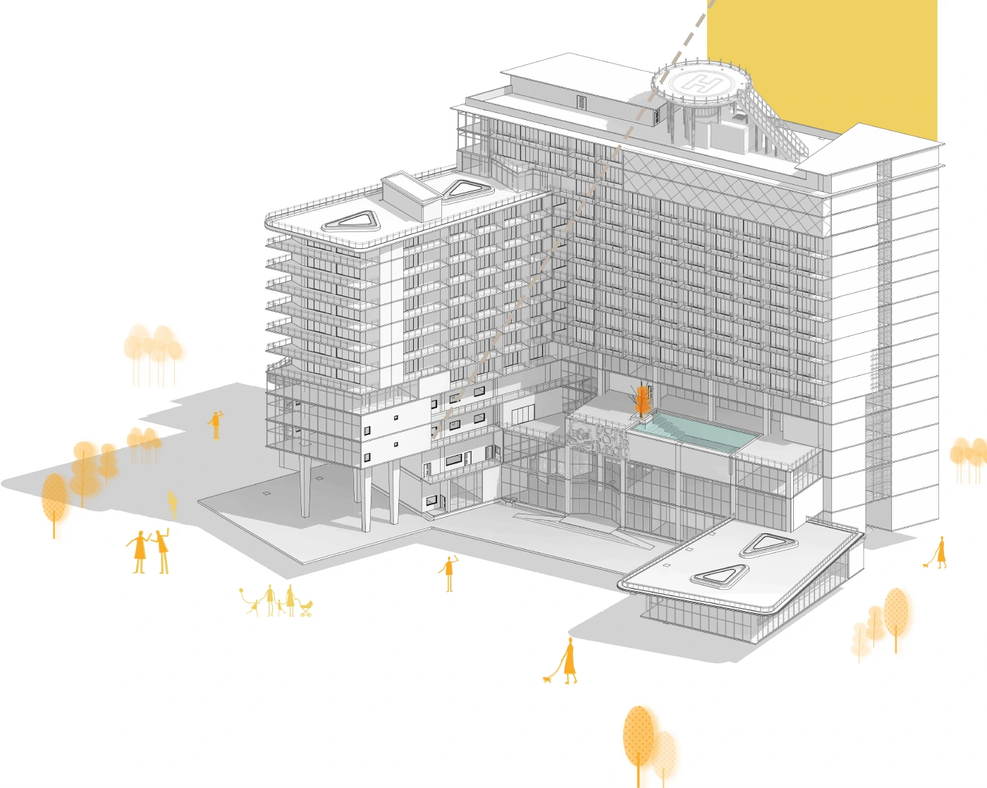 Axonometric model of the L-shaped hotel with its lower terrace and entrance court.