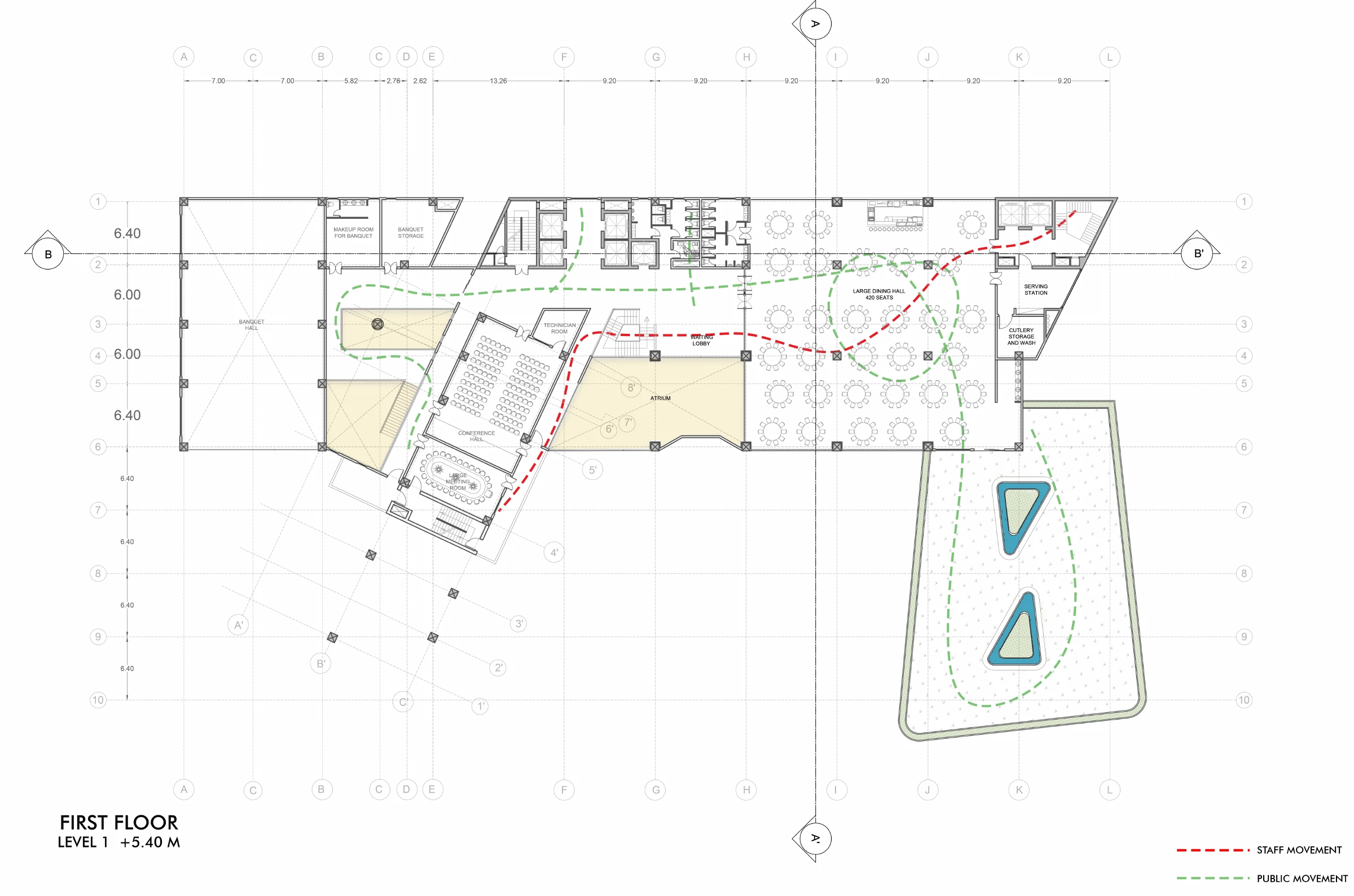 First-floor plan of the hotel showing the restaurant, banquet hall, service spaces and planted terrace.