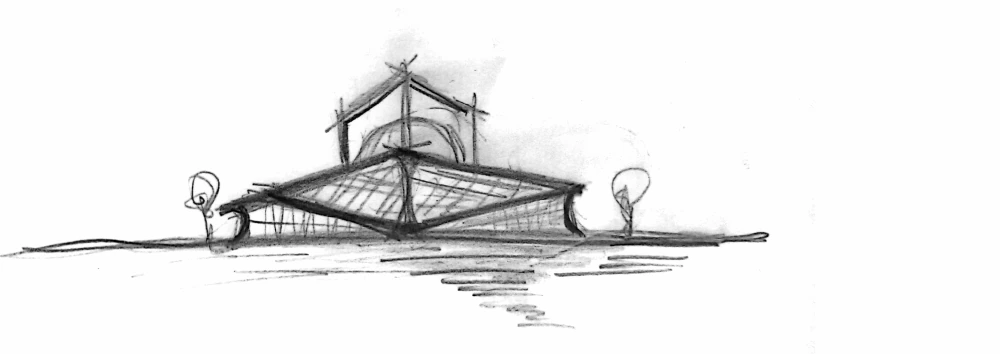 Original pencil sketch of the opera house, with a low roof surrounding the taller central volume.