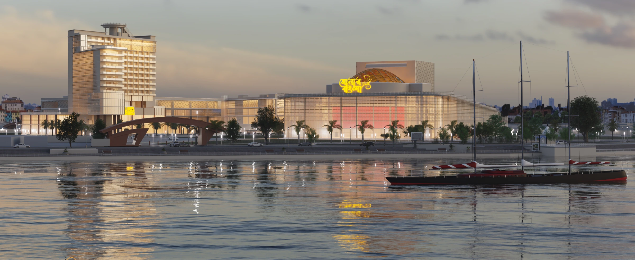 Evening render of the Sonar Bangla opera house and hotel along the Hooghly river.
