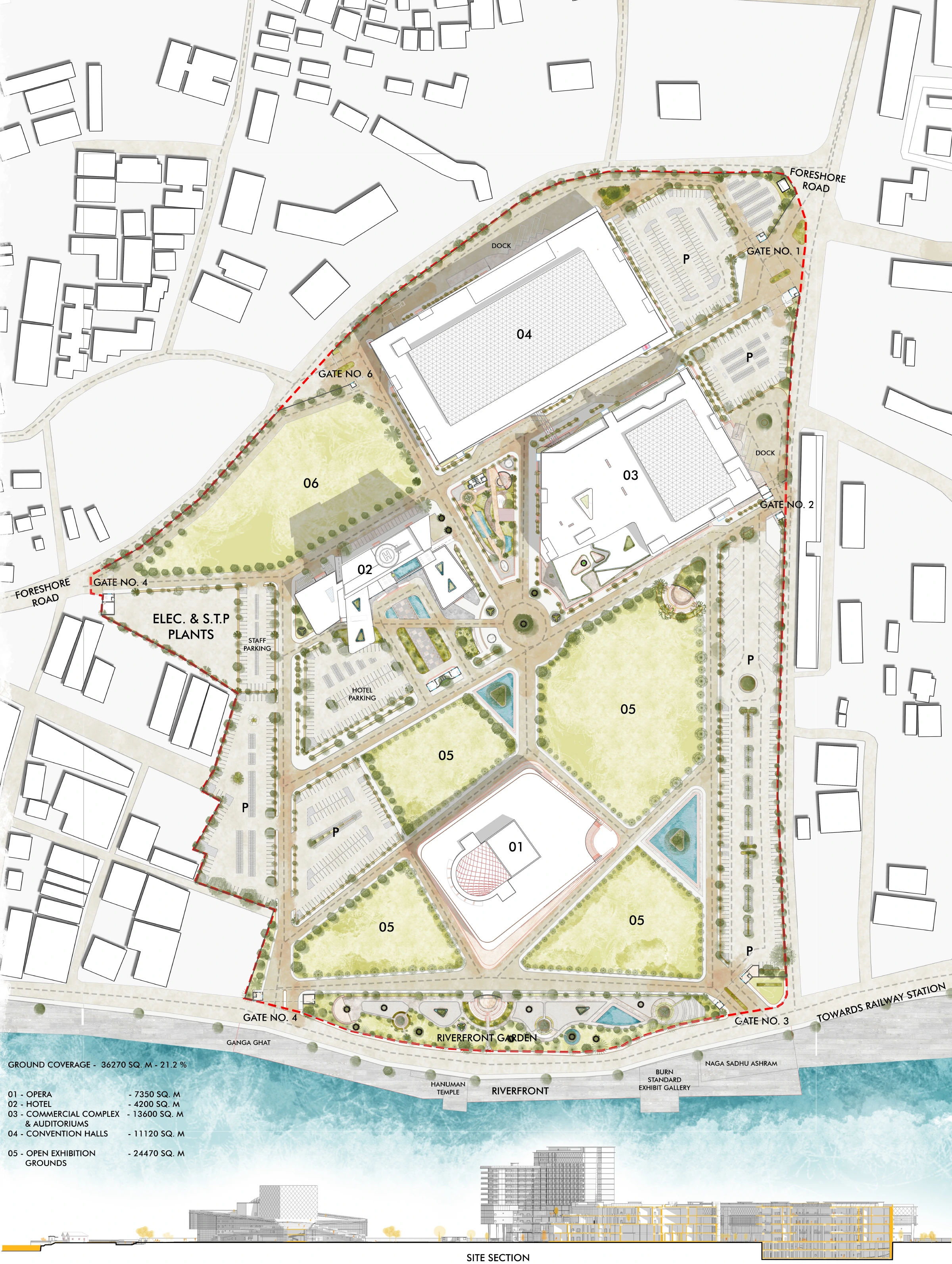 Sonar Bangla masterplan and site section showing the convention halls, hotel, commercial complex, opera house, open grounds and riverfront garden.