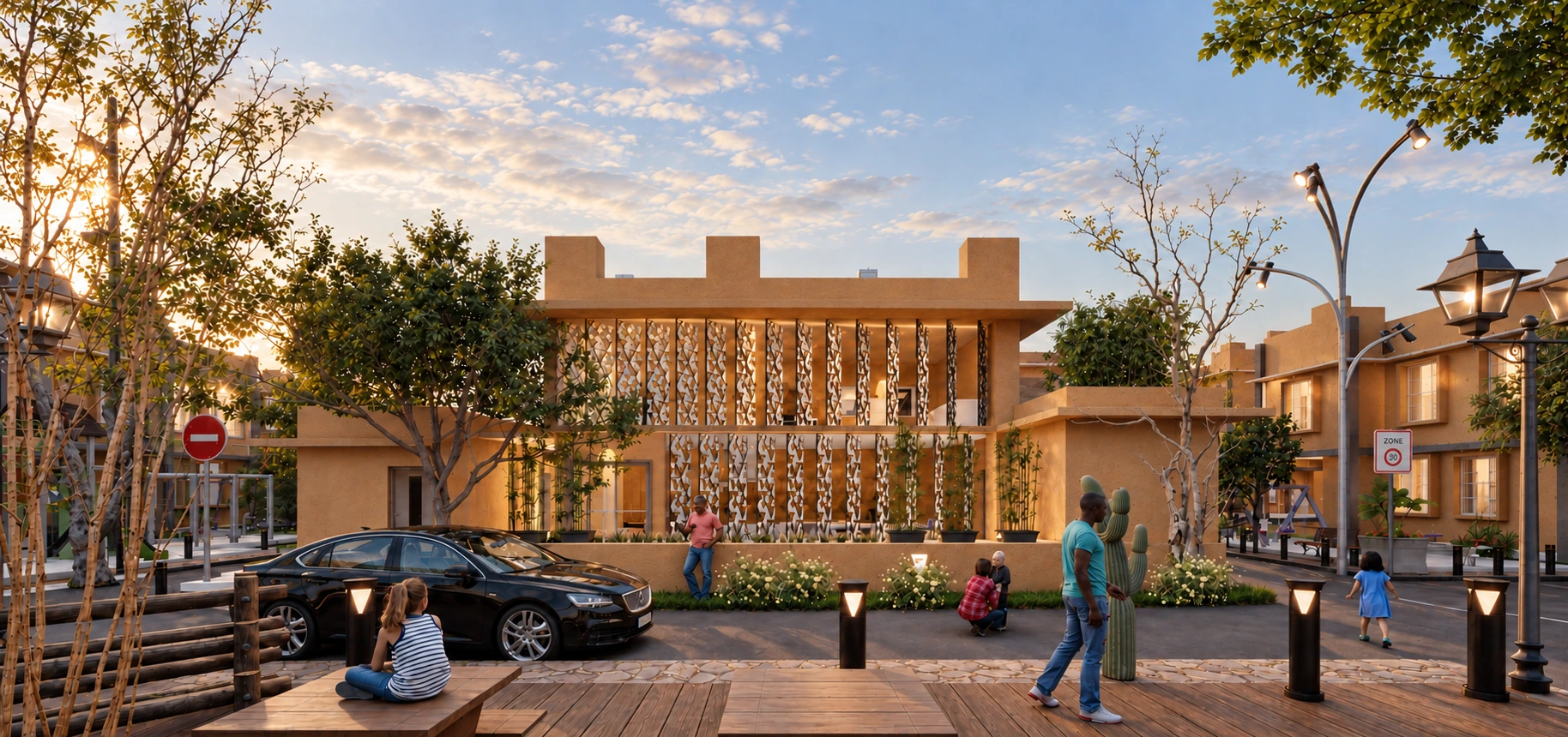 Casa de Barro: the community hall opens onto a planted shared court between housing blocks.