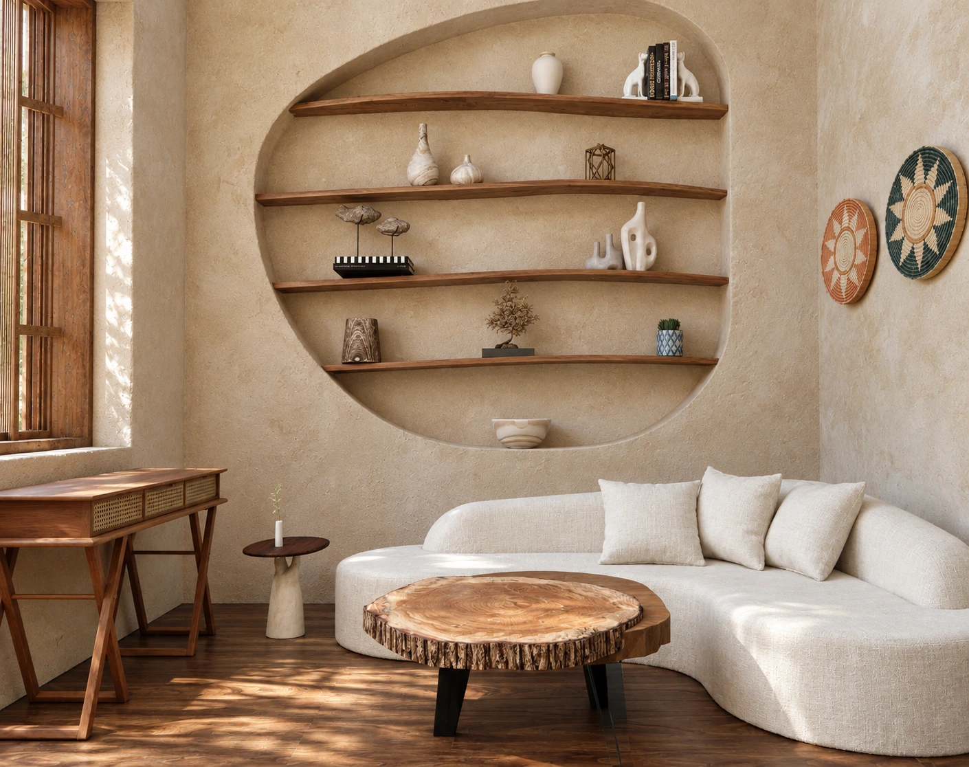 Rendered interior of a Casa de Barro dwelling.