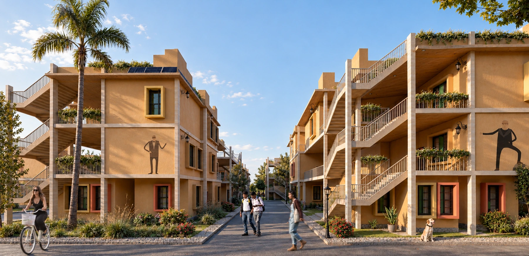 Pedestrian-scale render between the housing blocks with planted edges, balconies and shaded walkways.