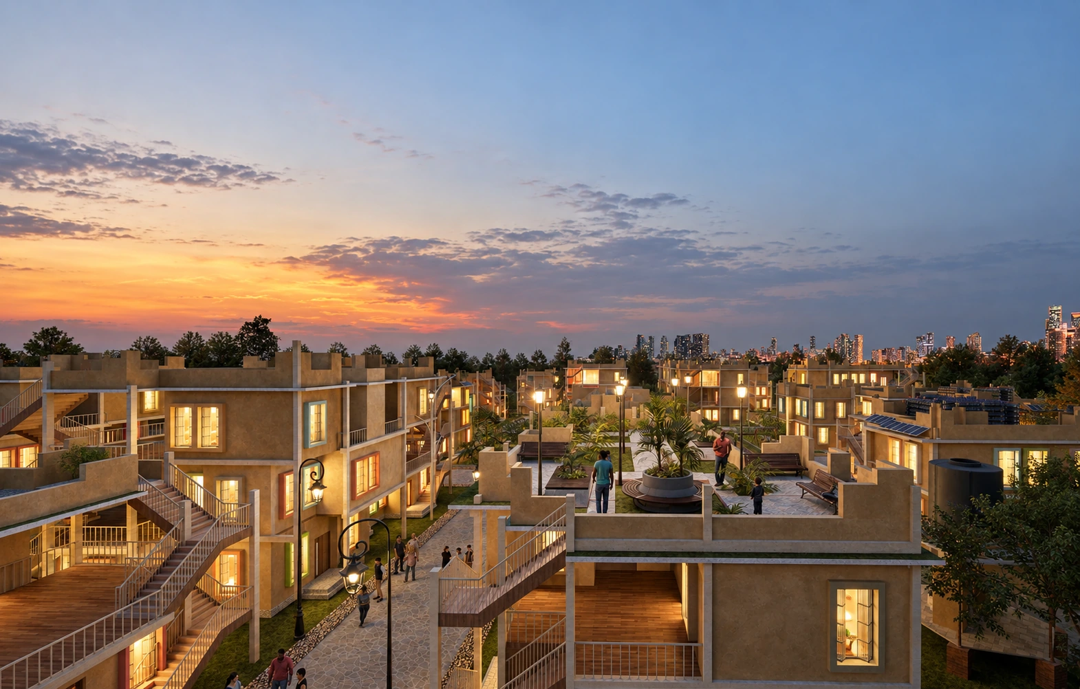 Rendered roof terrace with planting, shaded areas and space for residents.