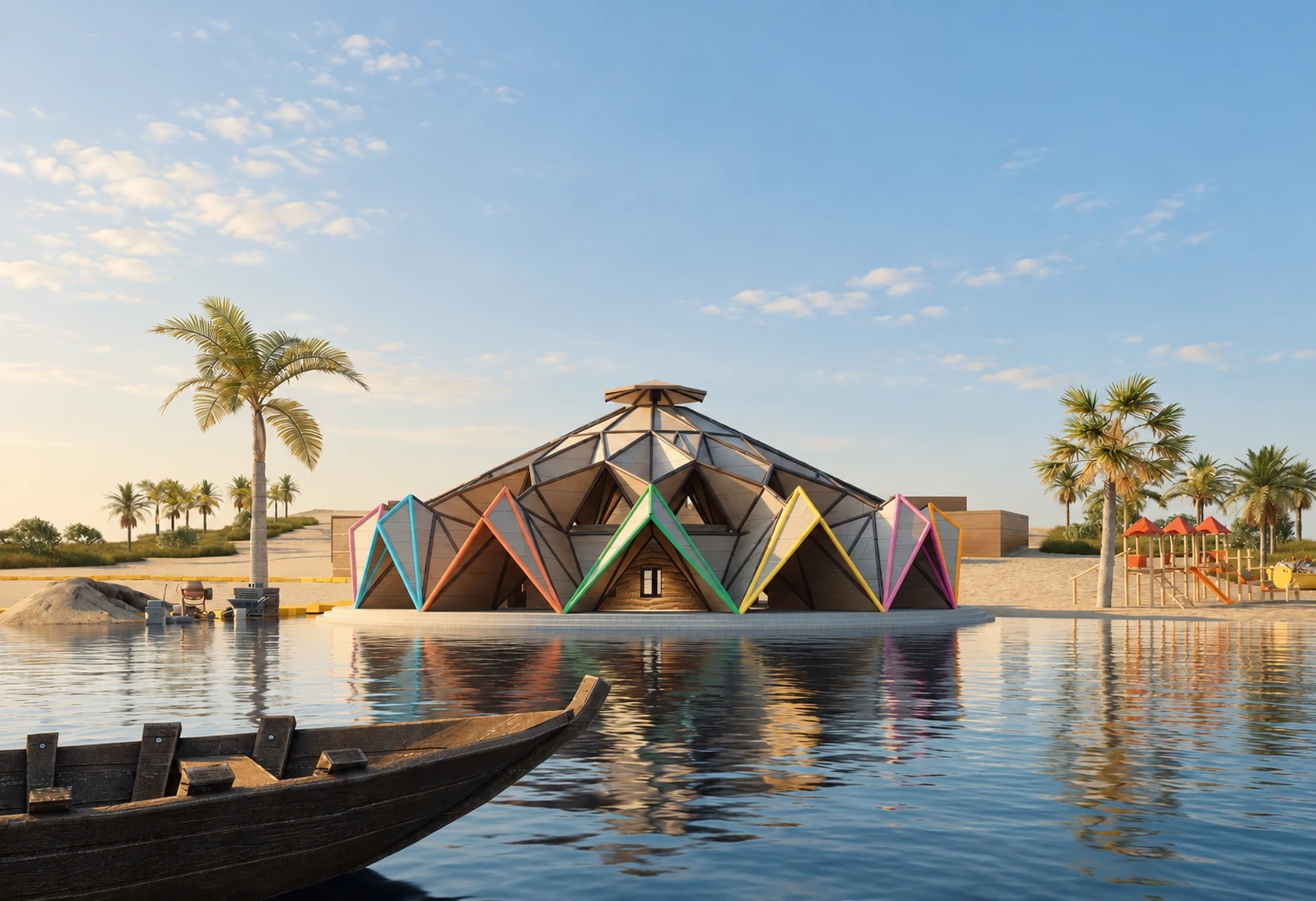 Castle of Winds: a faceted community hall with coloured structural edges, seen across the water.