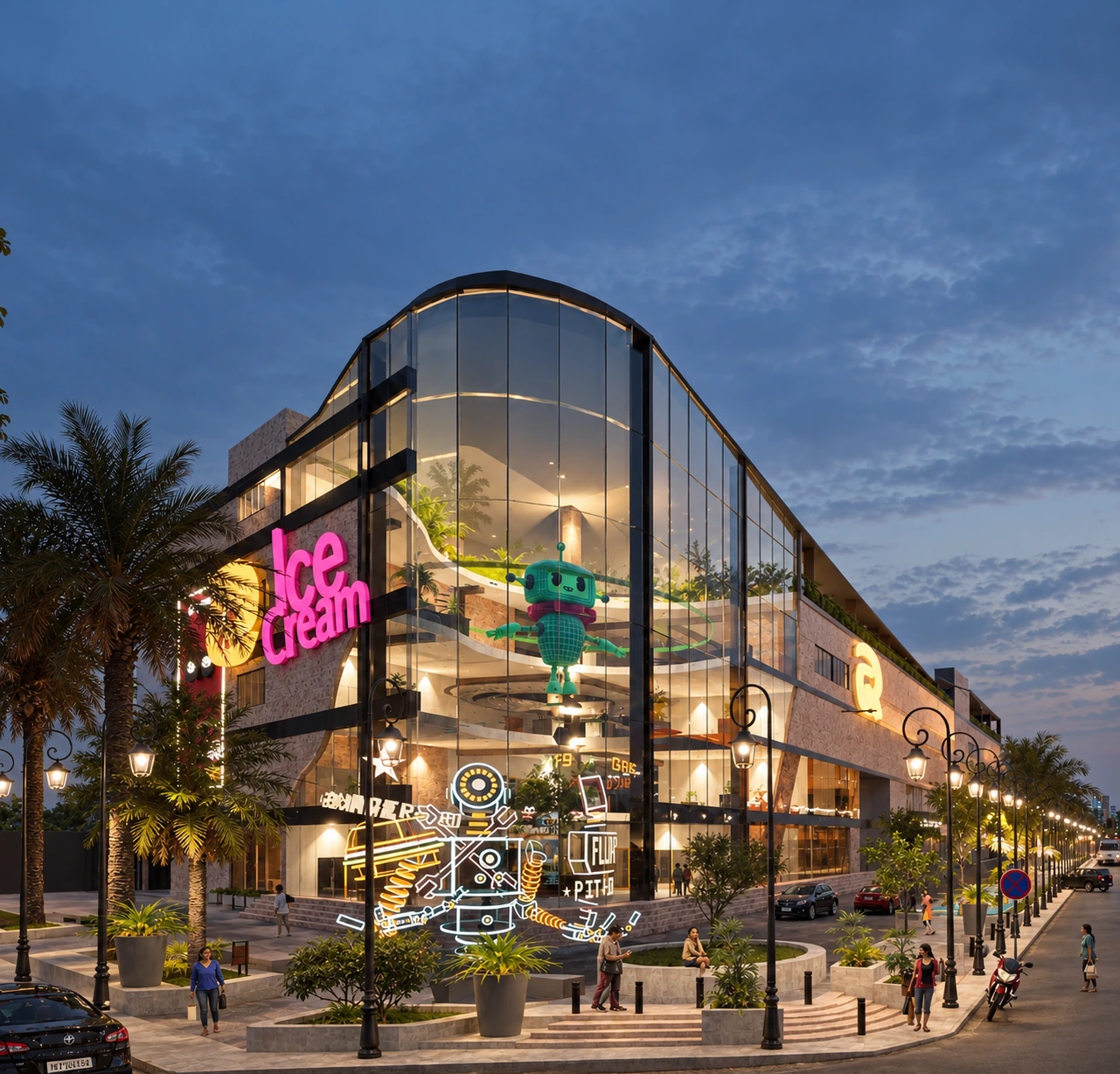 Kingdom Mall: a glazed corner facade opening onto a planted pedestrian forecourt at dusk.