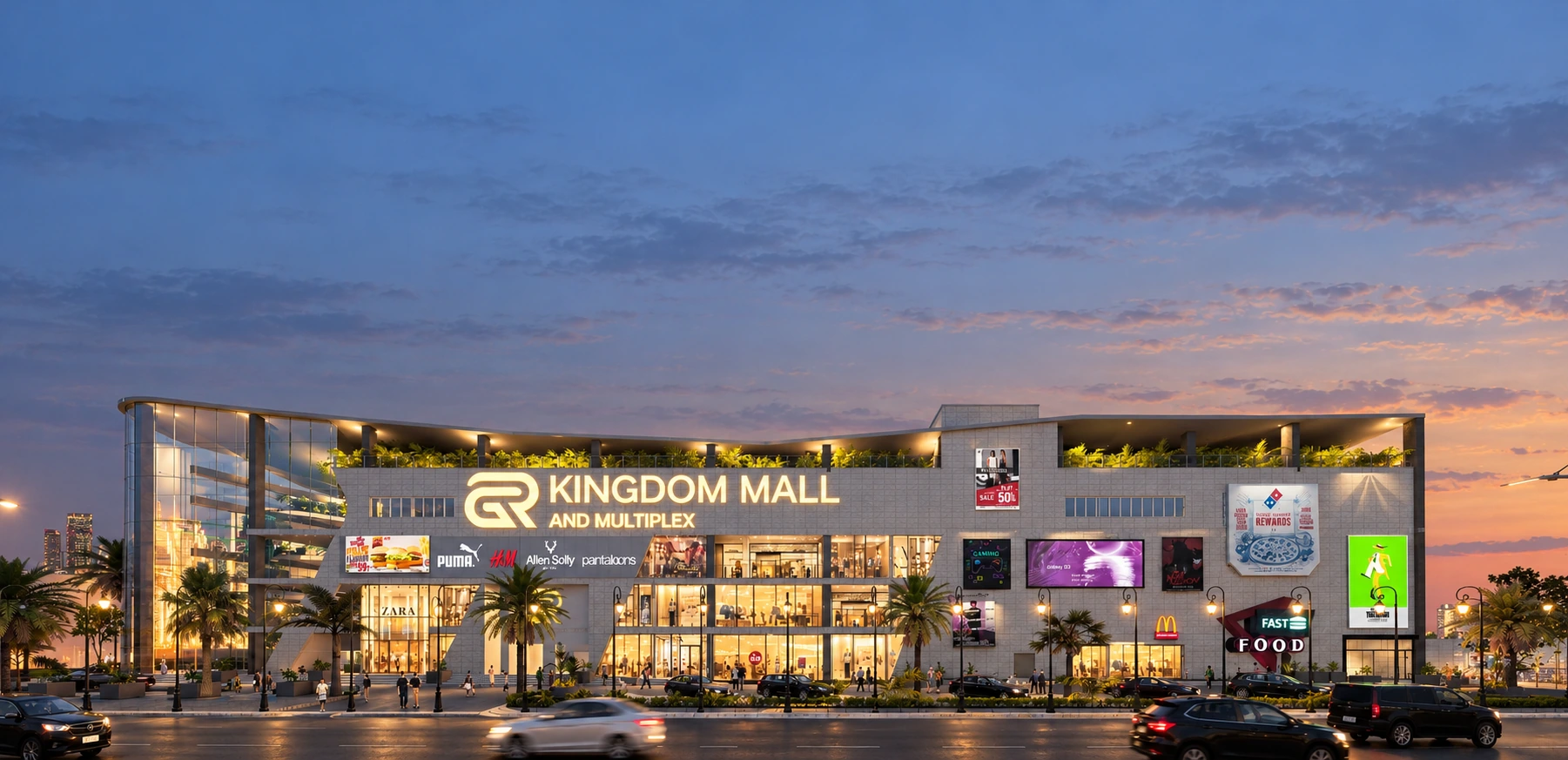 Rendered street elevation of Kingdom Mall with a planted frontage, entrances and glazed upper floors.